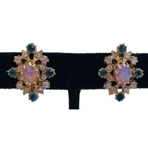 Mystic Faux Opal Foiled Screw Back Clip On Earrings Rhinestone Crystal Jewelry